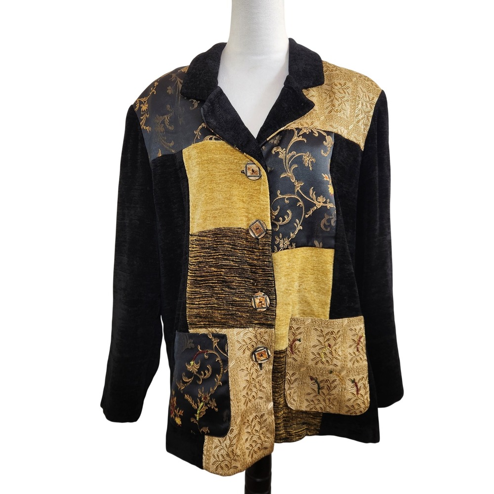 Alex K Patchwork Blazer Jacket Womens L‎ Gold Black Velvet Tapestry Button Up